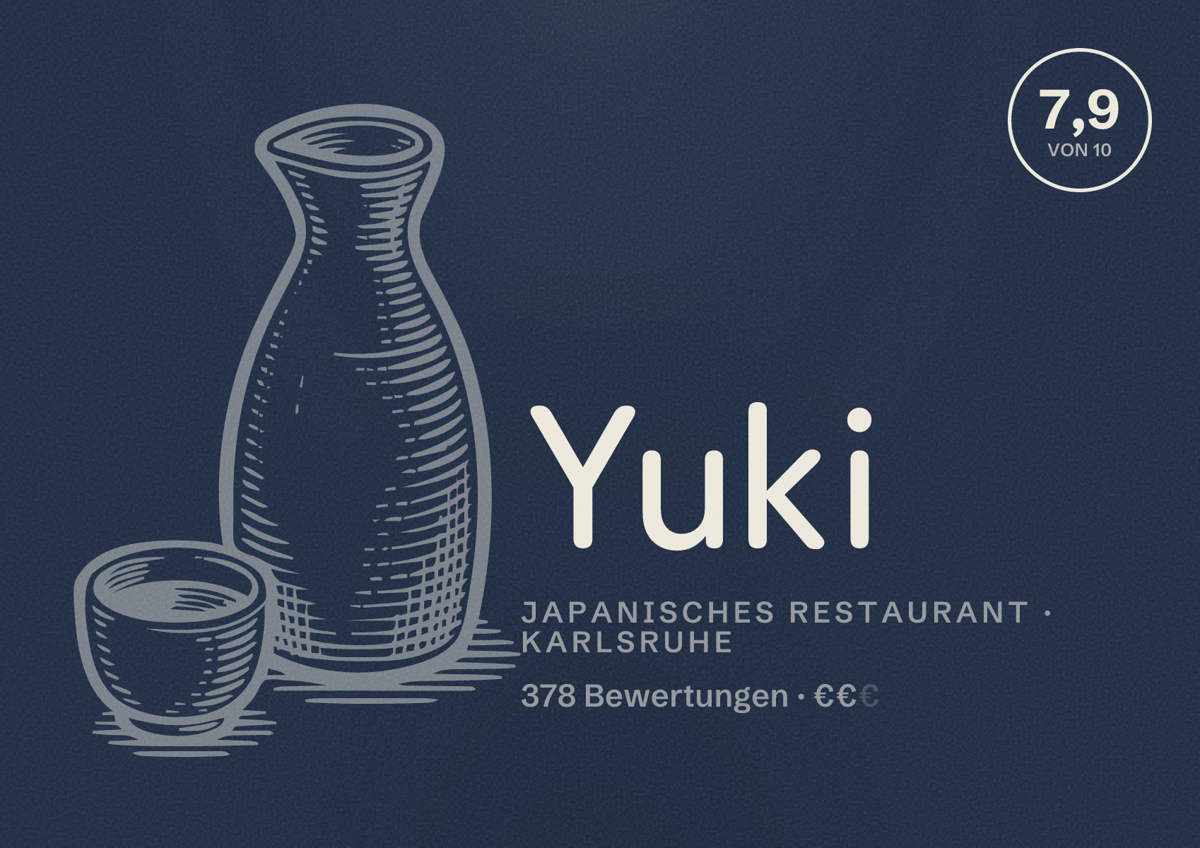 Illustriertes Poster von Yuki, Japanisches Restaurant in Karlsruhe: Bewertung 7,9 von 10 aus 378 Bewertungen, Preisniveau €€
