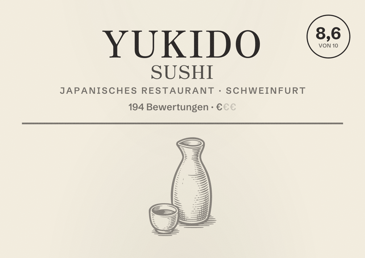Illustriertes Poster von Yukido Sushi, Japanisches Restaurant in Schweinfurt: Bewertung 8,6 von 10 aus 194 Bewertungen, Preisniveau €