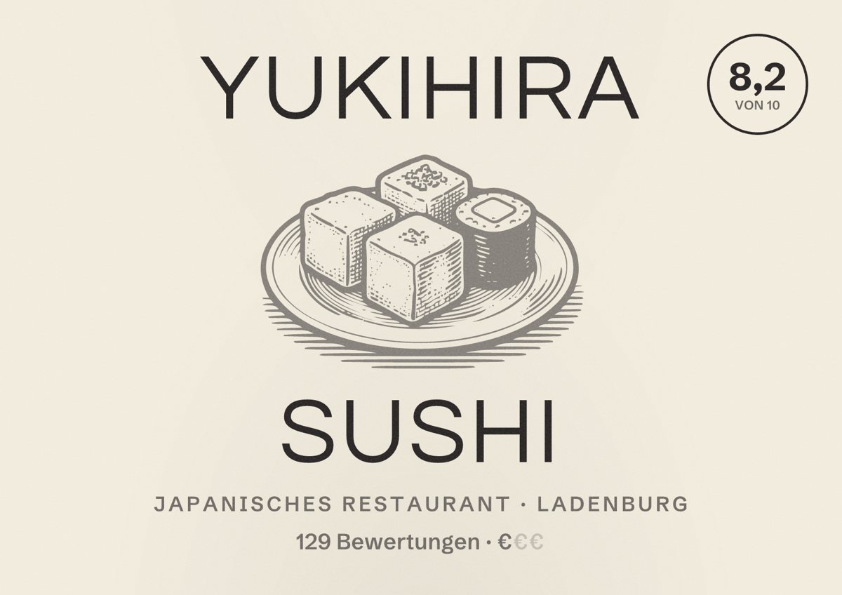 Illustriertes Poster von Yukihira Sushi, Japanisches Restaurant in Ladenburg: Bewertung 8,2 von 10 aus 129 Bewertungen, Preisniveau €