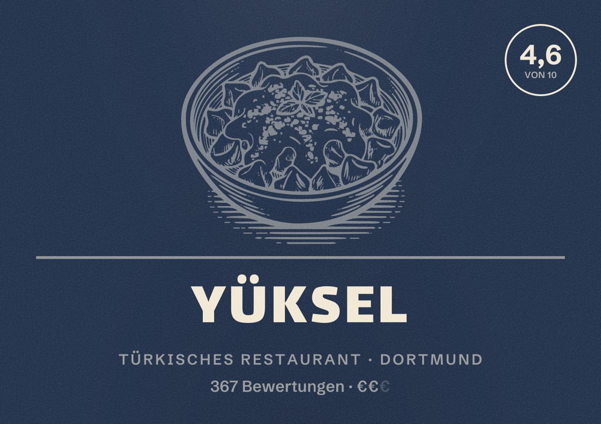 Illustriertes Poster von Yüksel, Türkisches Restaurant in Dortmund: Bewertung 4,6 von 10 aus 367 Bewertungen, Preisniveau €€