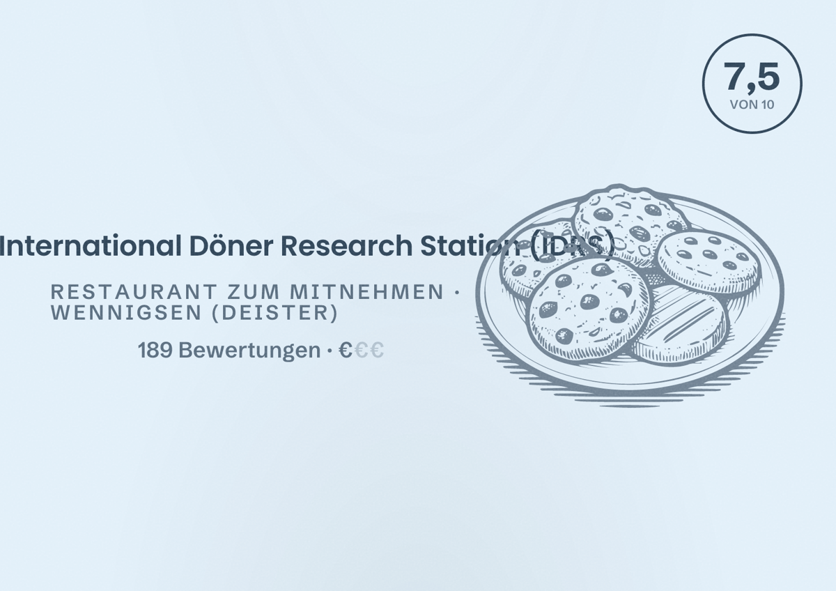 Illustriertes Poster von Yula - International Döner Research Station (IDRS), Restaurant zum Mitnehmen in Wennigsen (Deister): Bewertung 7,5 von 10 aus 189 Bewertungen, Preisniveau €
