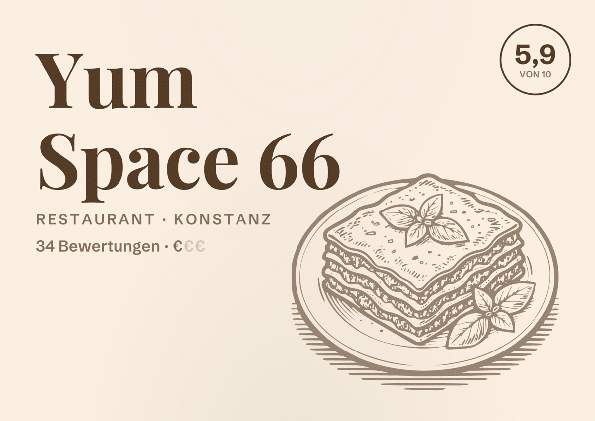 Illustriertes Poster von Yum Space 66, Restaurant in Konstanz: Bewertung 5,9 von 10 aus 34 Bewertungen, Preisniveau €