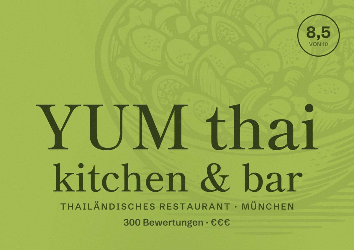 Illustriertes Poster von YUM thai kitchen & bar, Thailändisches Restaurant in München: Bewertung 8,5 von 10 aus 300 Bewertungen, Preisniveau €€€