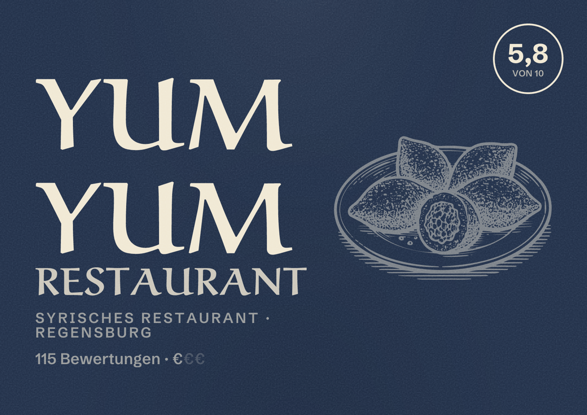 Illustriertes Poster von Yum Yum Restaurant, Syrisches Restaurant in Regensburg: Bewertung 5,8 von 10 aus 115 Bewertungen, Preisniveau €