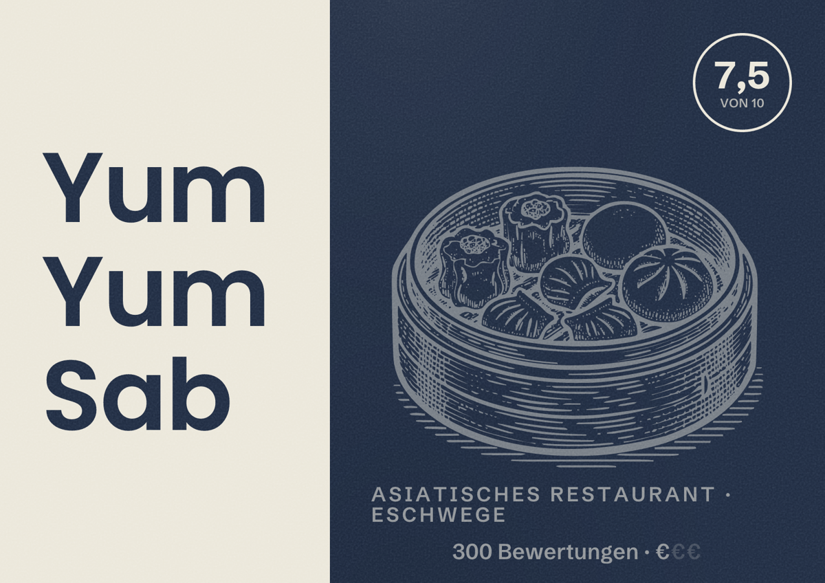Illustriertes Poster von Yum Yum Sab, Asiatisches Restaurant in Eschwege: Bewertung 7,5 von 10 aus 300 Bewertungen, Preisniveau €