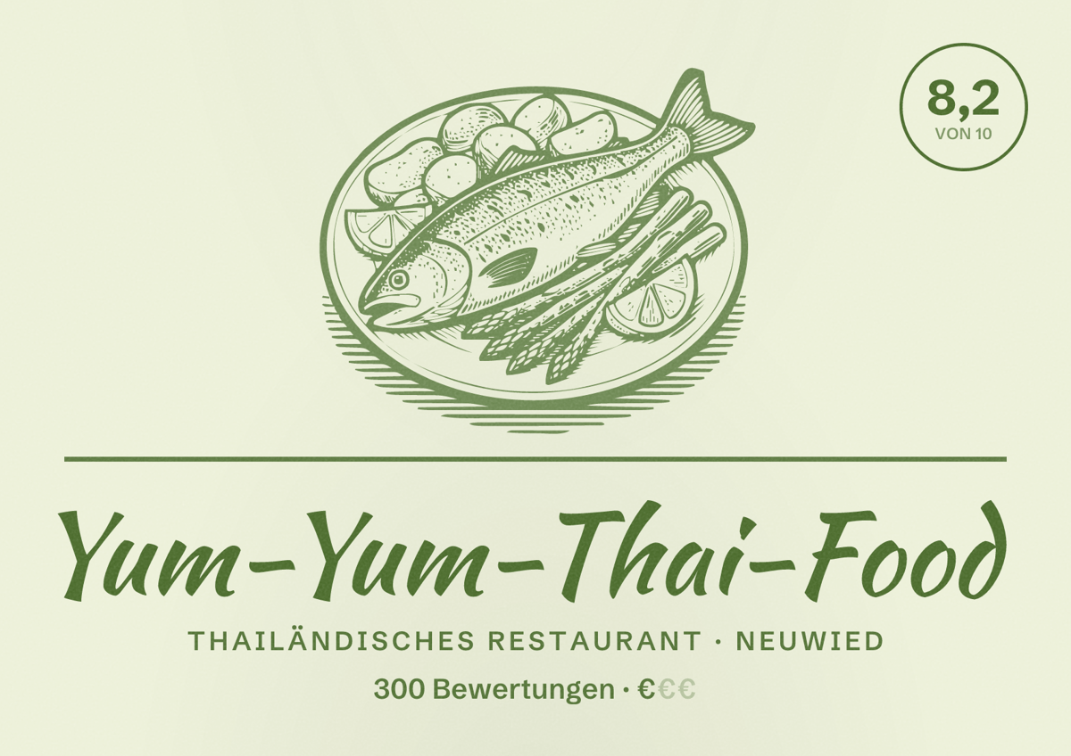 Illustriertes Poster von Yum-Yum-Thai-Food, Thailändisches Restaurant in Neuwied: Bewertung 8,2 von 10 aus 300 Bewertungen, Preisniveau €