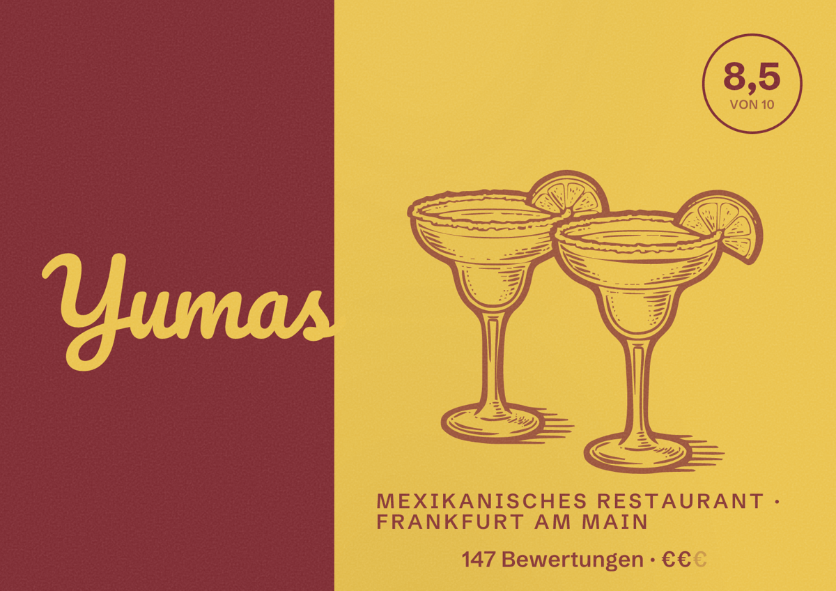 Illustriertes Poster von Yumas, Mexikanisches Restaurant in Frankfurt am Main: Bewertung 8,5 von 10 aus 147 Bewertungen, Preisniveau €€