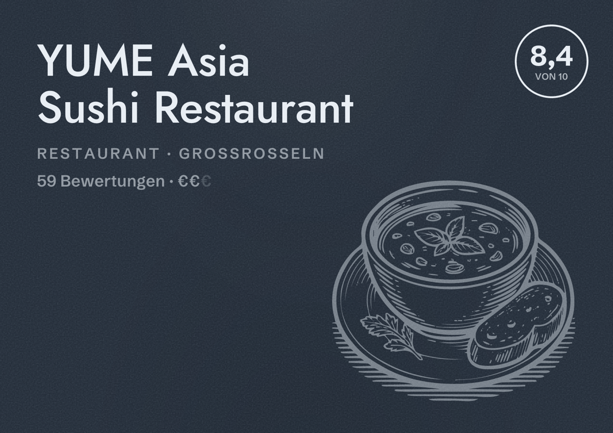 Illustriertes Poster von YUME Asia Sushi Restaurant, Restaurant in Großrosseln: Bewertung 8,4 von 10 aus 59 Bewertungen, Preisniveau €€