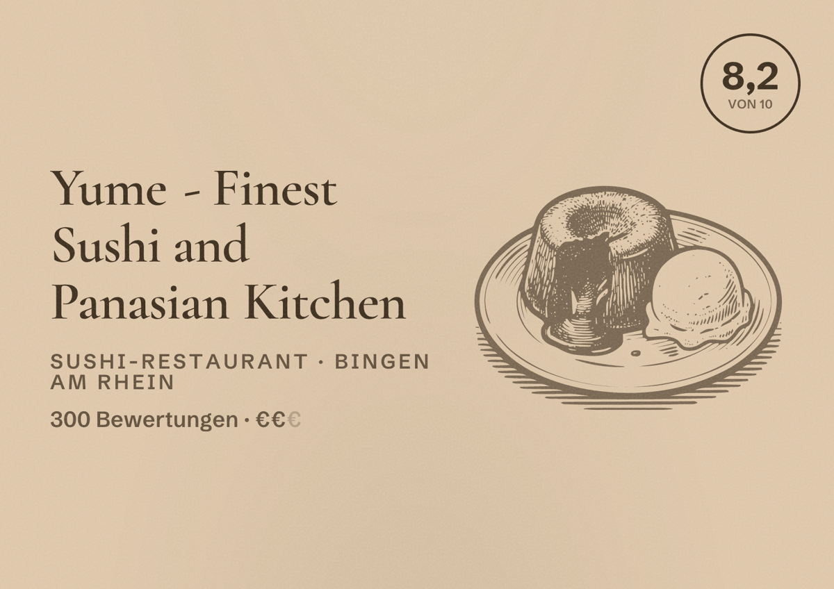 Illustriertes Poster von Yume - Finest Sushi and Panasian Kitchen, Sushi-Restaurant in Bingen am Rhein: Bewertung 8,2 von 10 aus 300 Bewertungen, Preisniveau €€