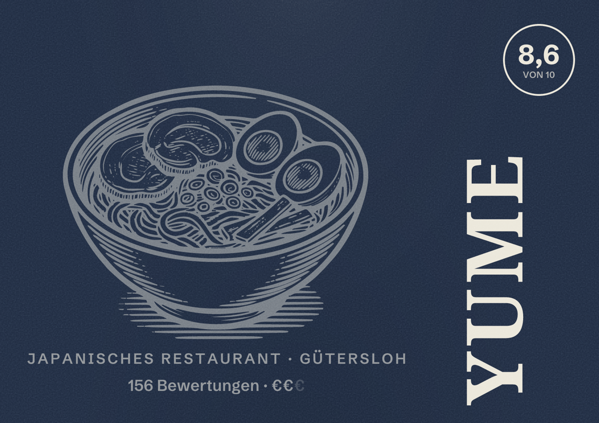 Illustriertes Poster von Yume, Japanisches Restaurant in Gütersloh: Bewertung 8,6 von 10 aus 156 Bewertungen, Preisniveau €€