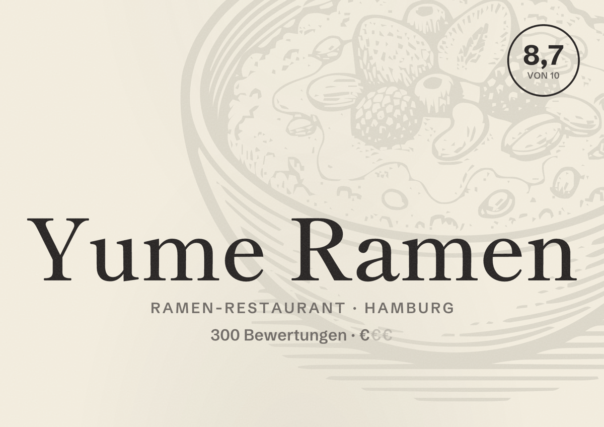 Illustriertes Poster von Yume Ramen, Ramen-Restaurant in Hamburg: Bewertung 8,7 von 10 aus 300 Bewertungen, Preisniveau €