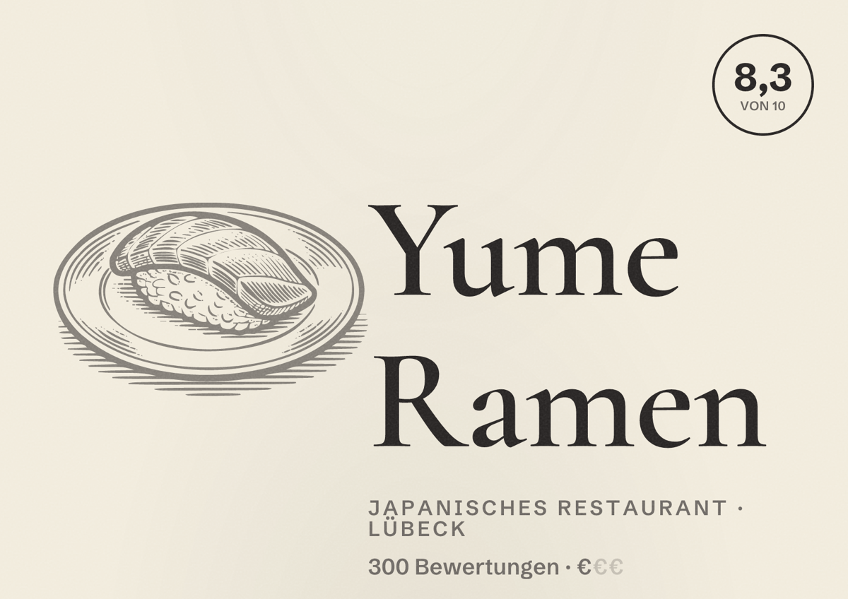 Illustriertes Poster von Yume Ramen, Japanisches Restaurant in Lübeck: Bewertung 8,3 von 10 aus 300 Bewertungen, Preisniveau €