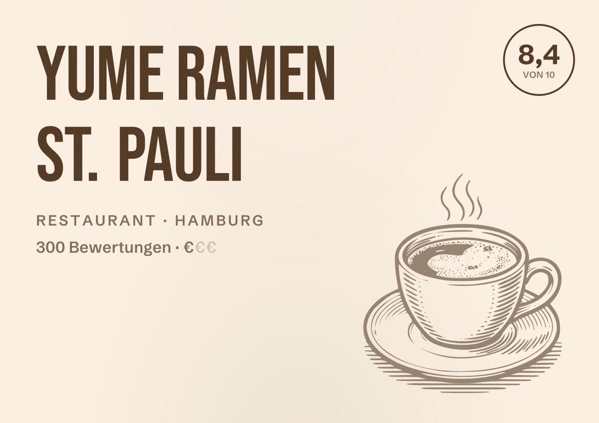 Illustriertes Poster von Yume Ramen St. Pauli, Restaurant in Hamburg: Bewertung 8,4 von 10 aus 300 Bewertungen, Preisniveau €