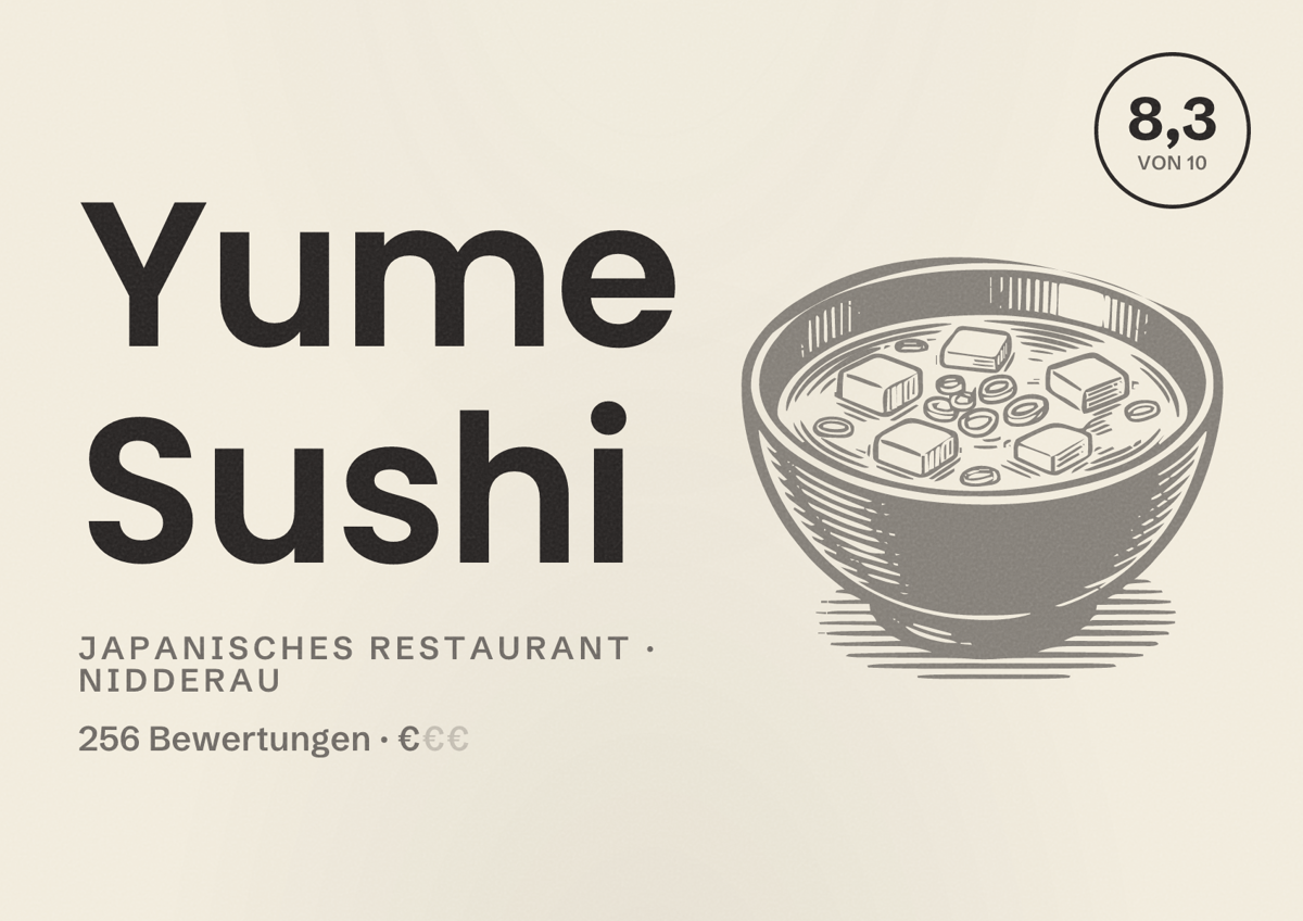 Illustriertes Poster von Yume Sushi, Japanisches Restaurant in Nidderau: Bewertung 8,3 von 10 aus 256 Bewertungen, Preisniveau €