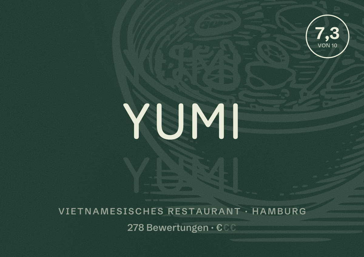 Illustriertes Poster von Yumi, Vietnamesisches Restaurant in Hamburg: Bewertung 7,3 von 10 aus 278 Bewertungen, Preisniveau €