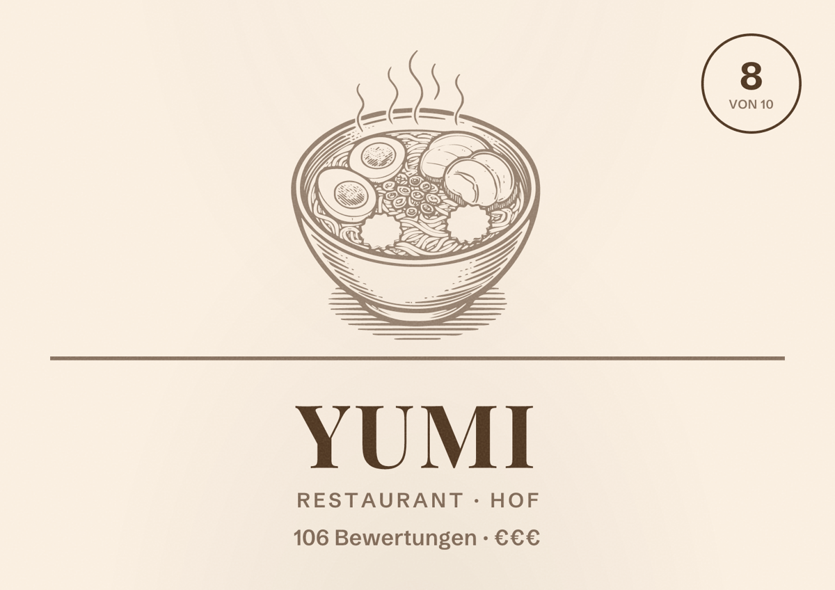 Illustriertes Poster von YUMI, Restaurant in Hof: Bewertung 8 von 10 aus 106 Bewertungen, Preisniveau €€€