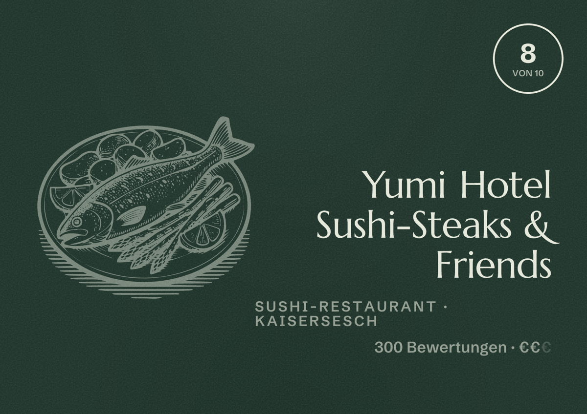 Illustriertes Poster von Yumi Hotel Sushi-Steaks & Friends, Sushi-Restaurant in Kaisersesch: Bewertung 8 von 10 aus 300 Bewertungen, Preisniveau €€