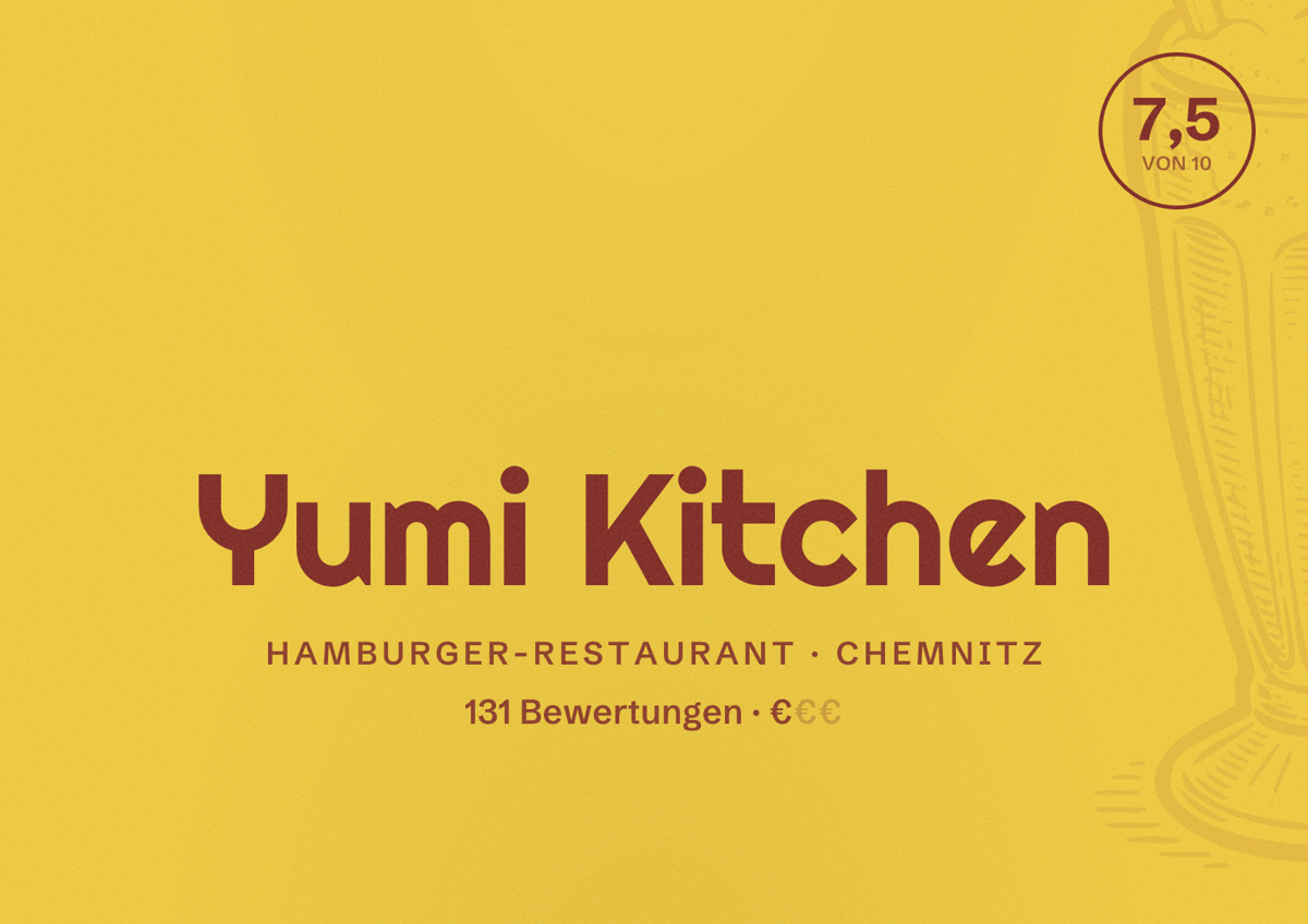 Illustriertes Poster von Yumi Kitchen, Hamburger-Restaurant in Chemnitz: Bewertung 7,5 von 10 aus 131 Bewertungen, Preisniveau €