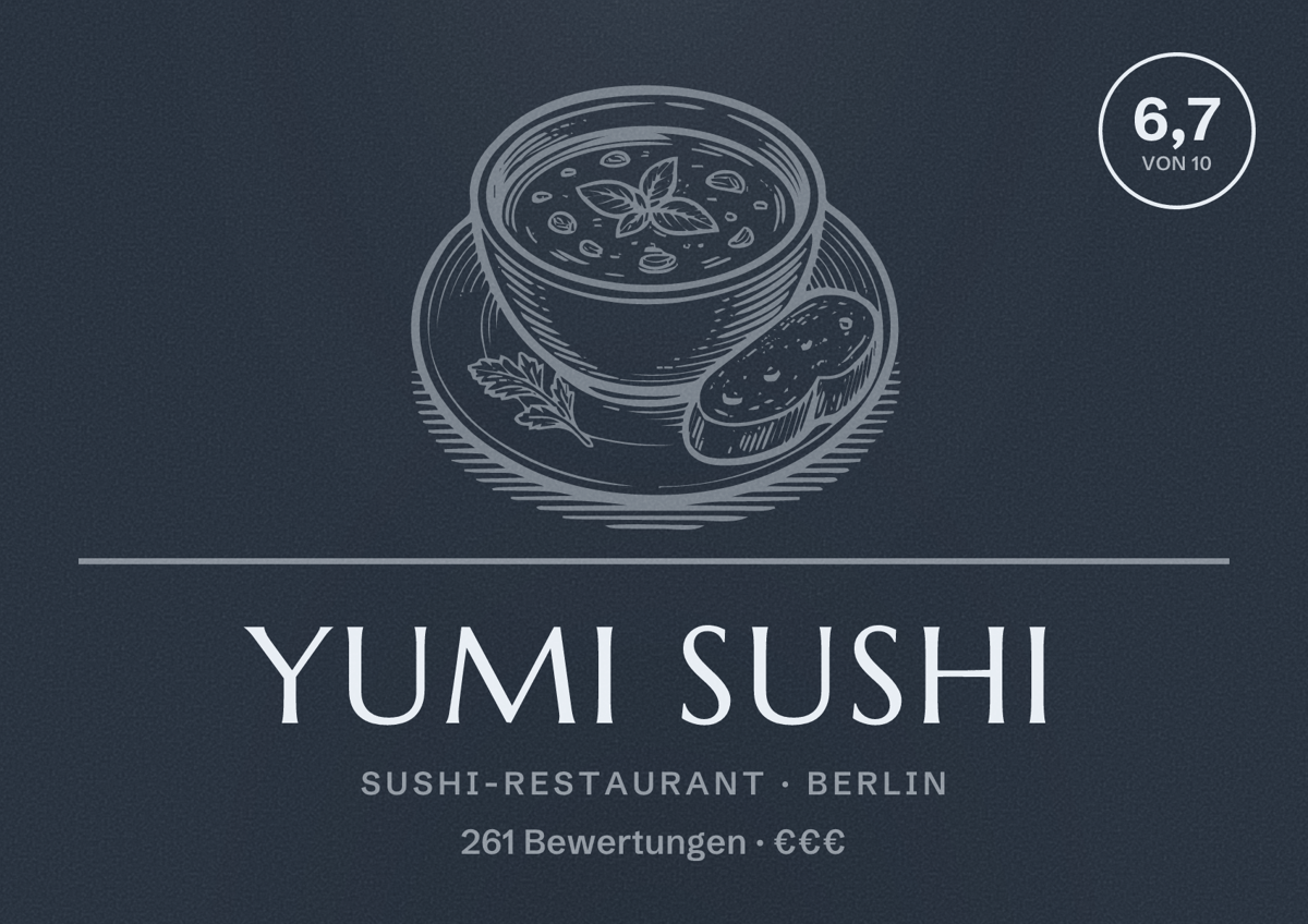 Illustriertes Poster von Yumi Sushi, Sushi-Restaurant in Berlin: Bewertung 6,7 von 10 aus 261 Bewertungen, Preisniveau €€€