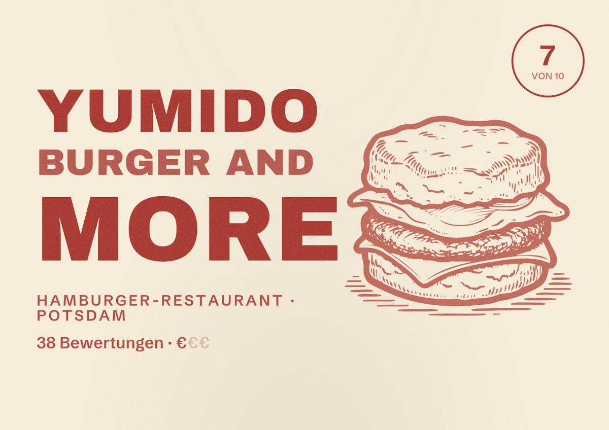 Illustriertes Poster von Yumido Burger and More, Hamburger-Restaurant in Potsdam: Bewertung 7 von 10 aus 38 Bewertungen, Preisniveau €
