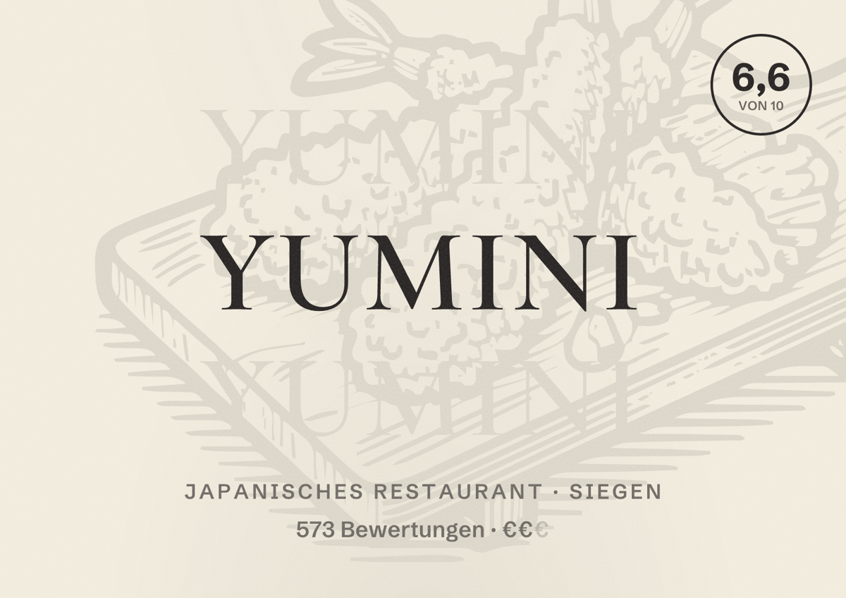 Illustriertes Poster von YUMINI, Japanisches Restaurant in Siegen: Bewertung 6,6 von 10 aus 573 Bewertungen, Preisniveau €€