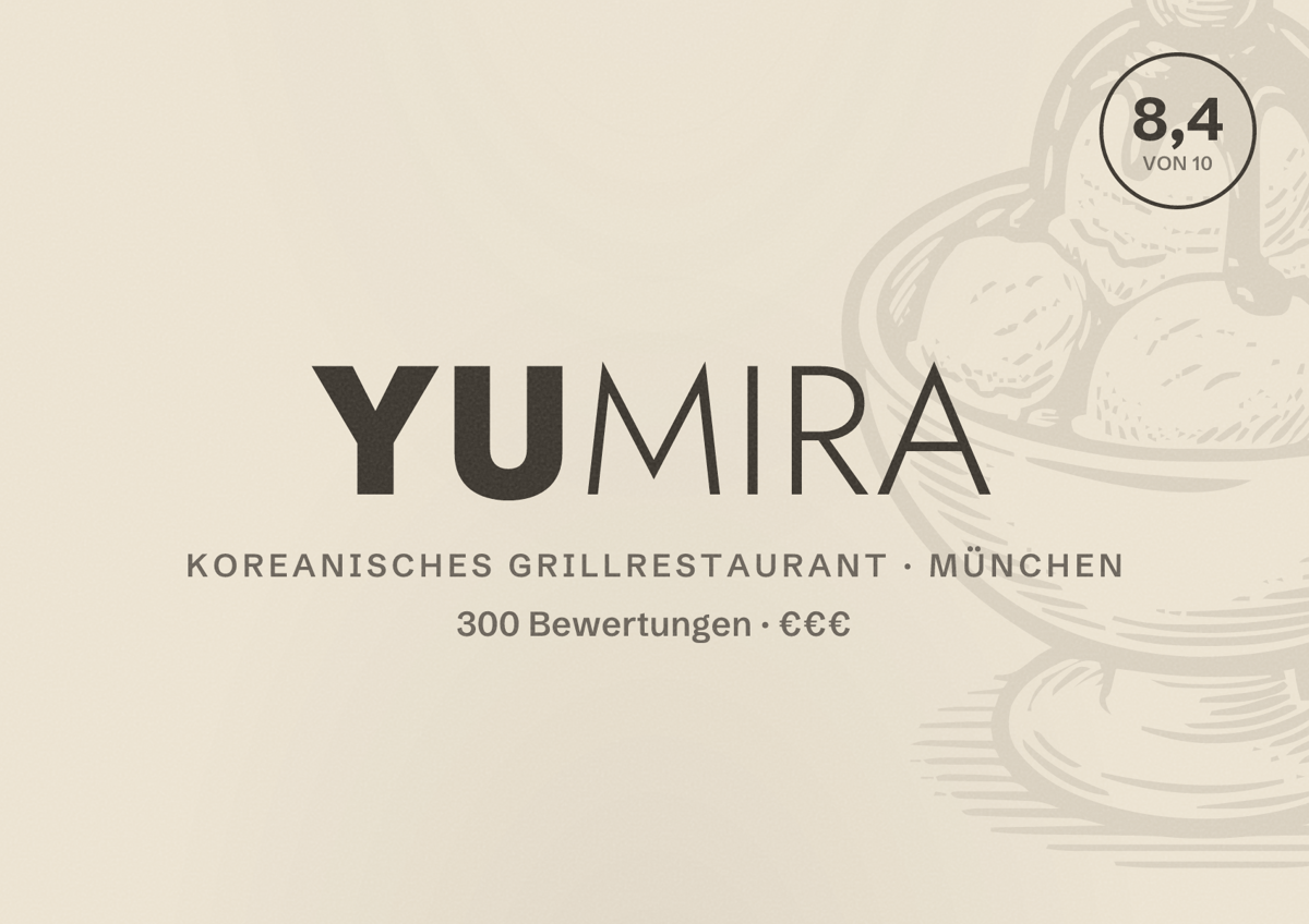 Illustriertes Poster von YUMIRA, Koreanisches Grillrestaurant in München: Bewertung 8,4 von 10 aus 300 Bewertungen, Preisniveau €€€