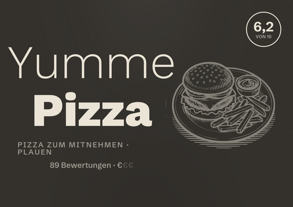 Illustriertes Poster von Yumme Pizza, Pizza zum Mitnehmen in Plauen: Bewertung 6,2 von 10 aus 89 Bewertungen, Preisniveau €