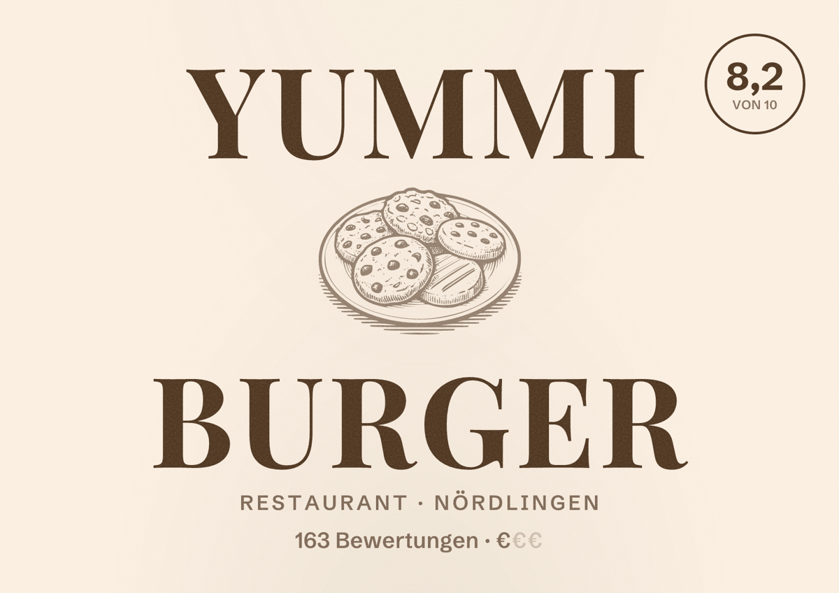Illustriertes Poster von Yummi Burger, Restaurant in Nördlingen: Bewertung 8,2 von 10 aus 163 Bewertungen, Preisniveau €