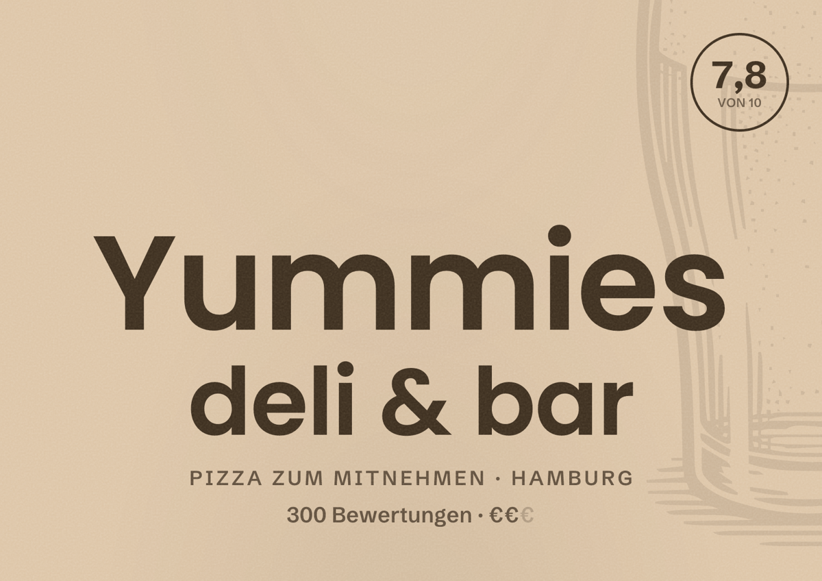 Illustriertes Poster von Yummies deli & bar, Pizza zum Mitnehmen in Hamburg: Bewertung 7,8 von 10 aus 300 Bewertungen, Preisniveau €€