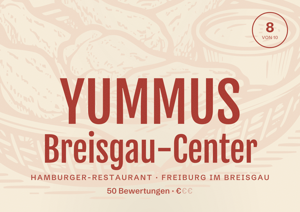 Illustriertes Poster von YUMMUS Breisgau-Center, Hamburger-Restaurant in Freiburg im Breisgau: Bewertung 8,0 von 10 aus 50 Bewertungen, Preisniveau €