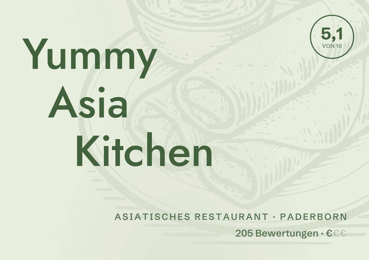 Illustriertes Poster von Yummy Asia Kitchen, Asiatisches Restaurant in Paderborn: Bewertung 5,1 von 10 aus 205 Bewertungen, Preisniveau €