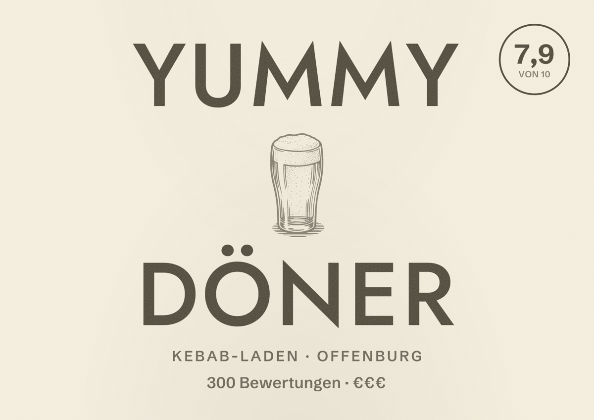 Illustriertes Poster von YUMMY Döner, Kebab-Laden in Offenburg: Bewertung 7,9 von 10 aus 300 Bewertungen, Preisniveau €€€