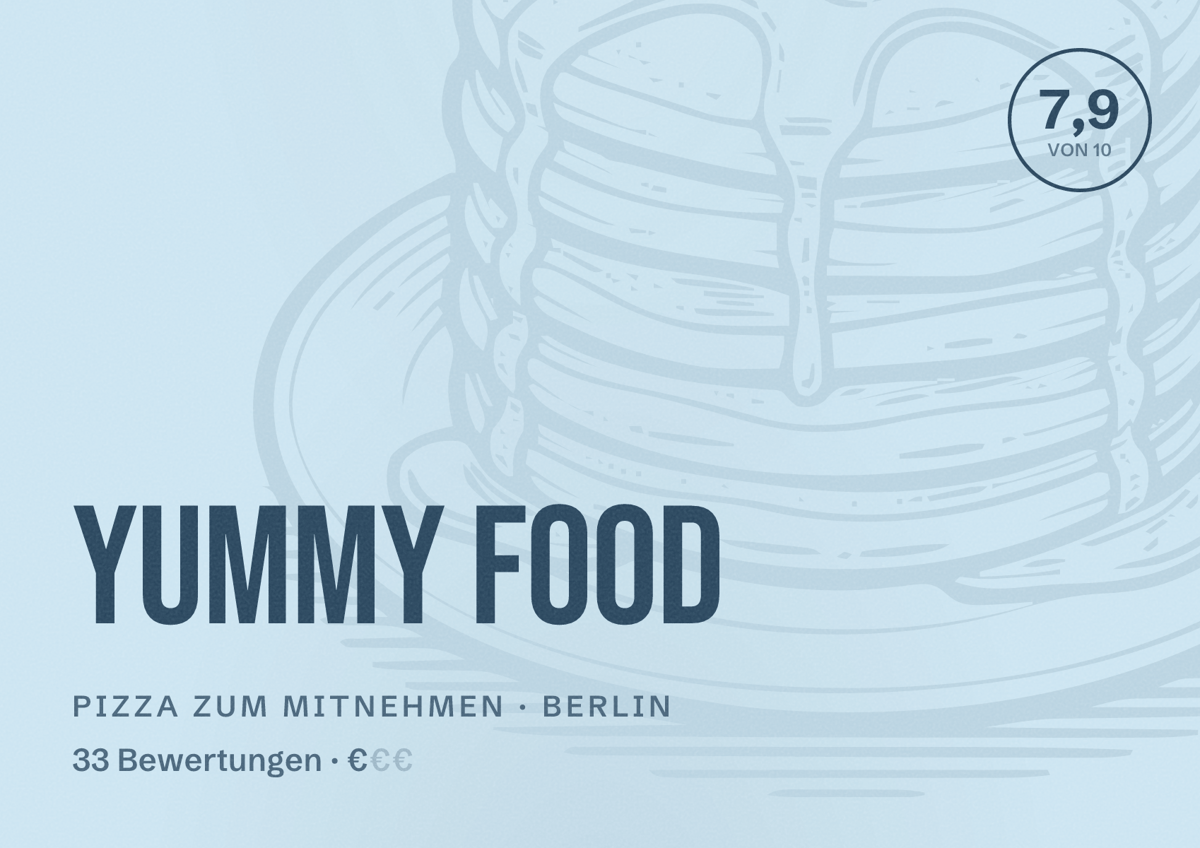 Illustriertes Poster von Yummy food, Pizza zum Mitnehmen in Berlin: Bewertung 7,9 von 10 aus 33 Bewertungen, Preisniveau €