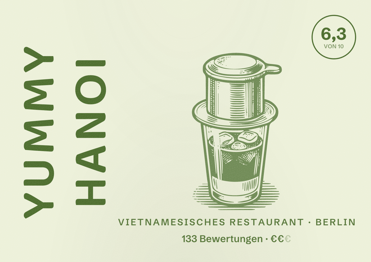 Illustriertes Poster von Yummy Hanoi, Vietnamesisches Restaurant in Berlin: Bewertung 6,3 von 10 aus 133 Bewertungen, Preisniveau €€