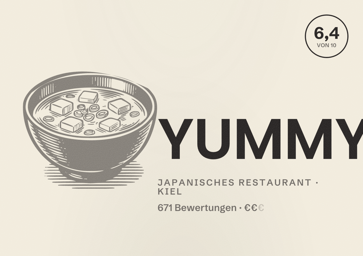Illustriertes Poster von YUMMY, Japanisches Restaurant in Kiel: Bewertung 6,4 von 10 aus 671 Bewertungen, Preisniveau €€