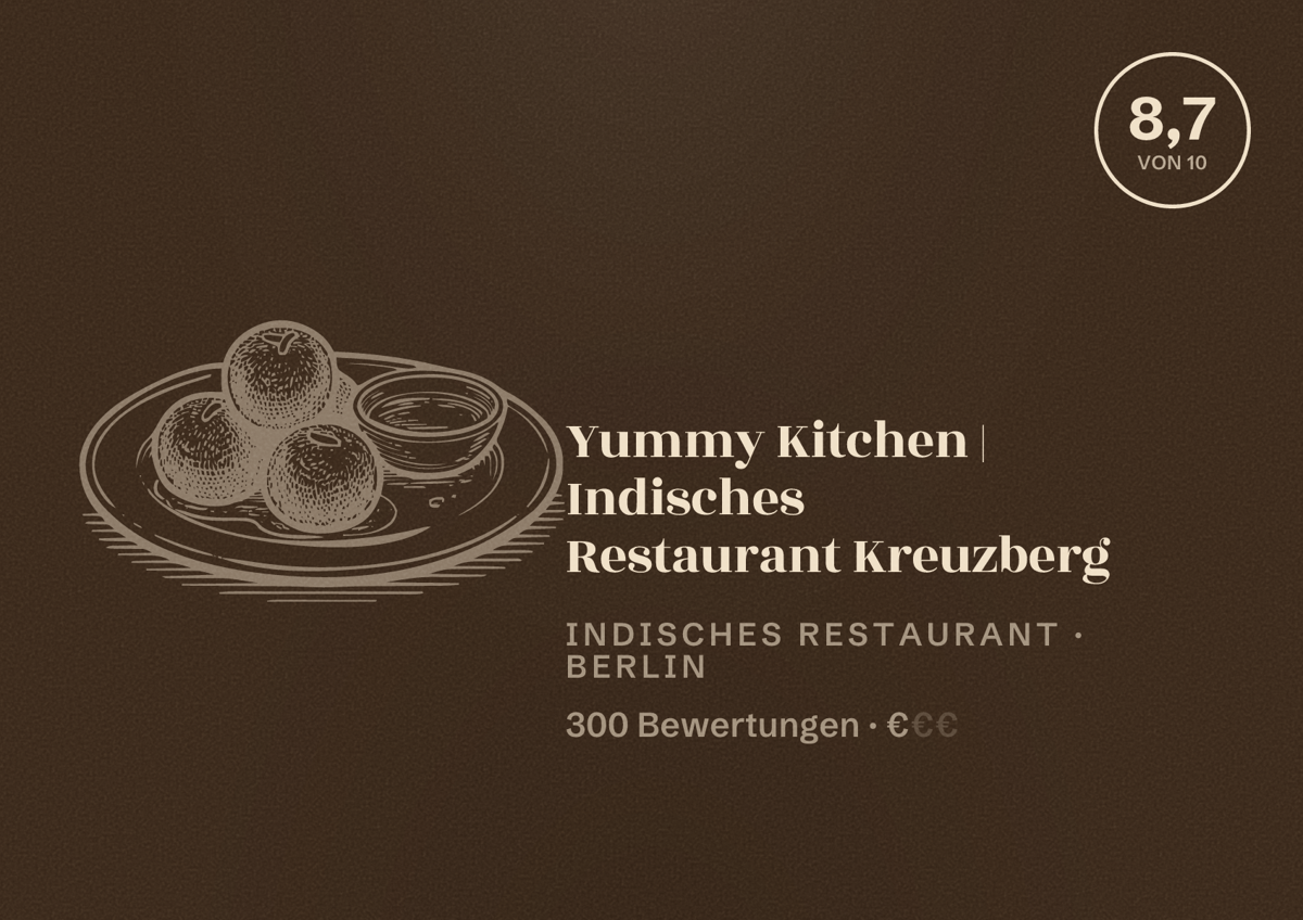 Illustriertes Poster von Yummy Kitchen | Indisches Restaurant Kreuzberg, Indisches Restaurant in Berlin: Bewertung 8,7 von 10 aus 300 Bewertungen, Preisniveau €