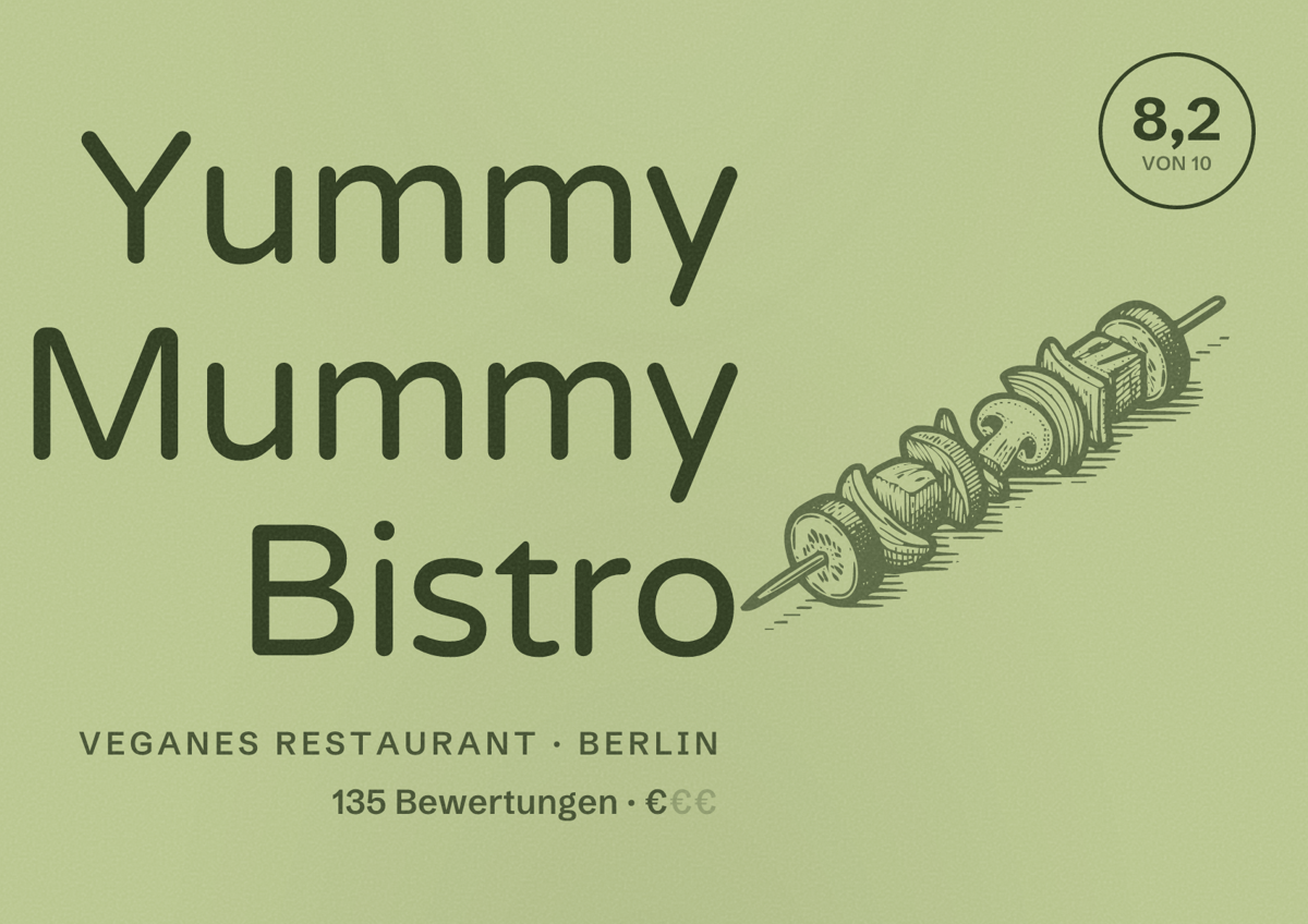 Illustriertes Poster von Yummy Mummy Bistro, Veganes Restaurant in Berlin: Bewertung 8,2 von 10 aus 135 Bewertungen, Preisniveau €