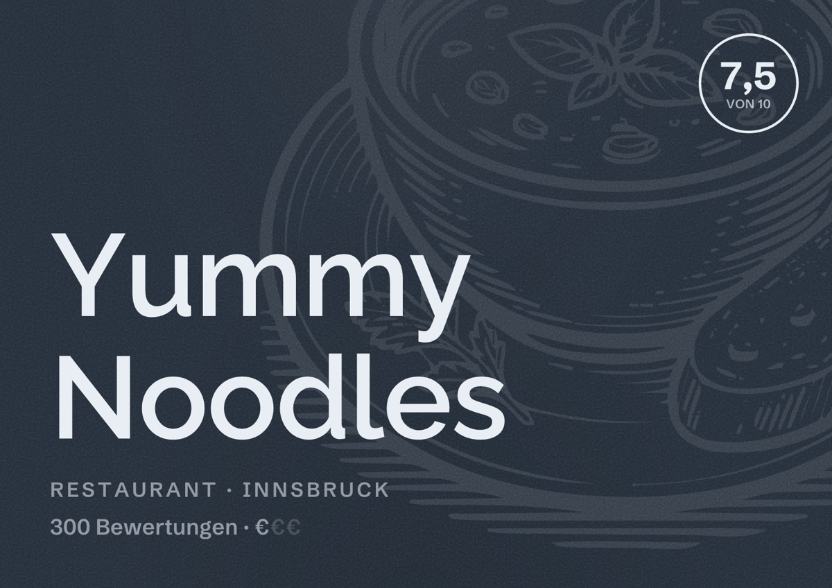Illustriertes Poster von Yummy Noodles, Restaurant in Innsbruck: Bewertung 7,5 von 10 aus 300 Bewertungen, Preisniveau €