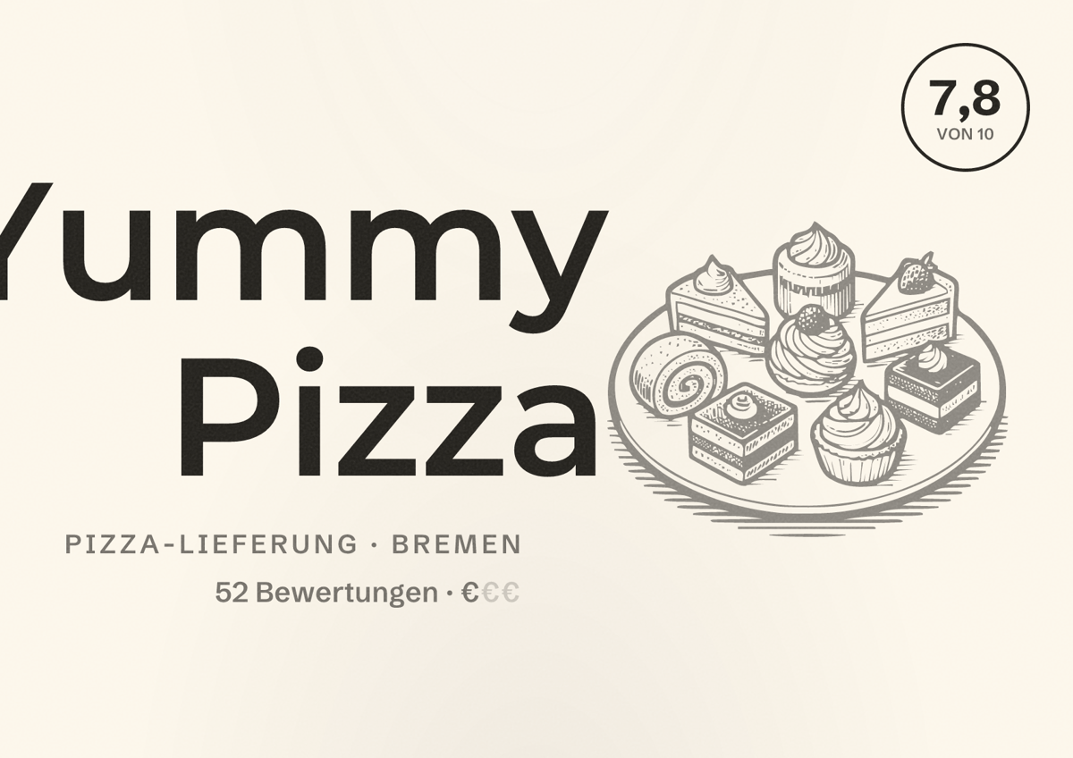 Illustriertes Poster von Yummy Pizza, Pizza-Lieferung in Bremen: Bewertung 7,8 von 10 aus 52 Bewertungen, Preisniveau €