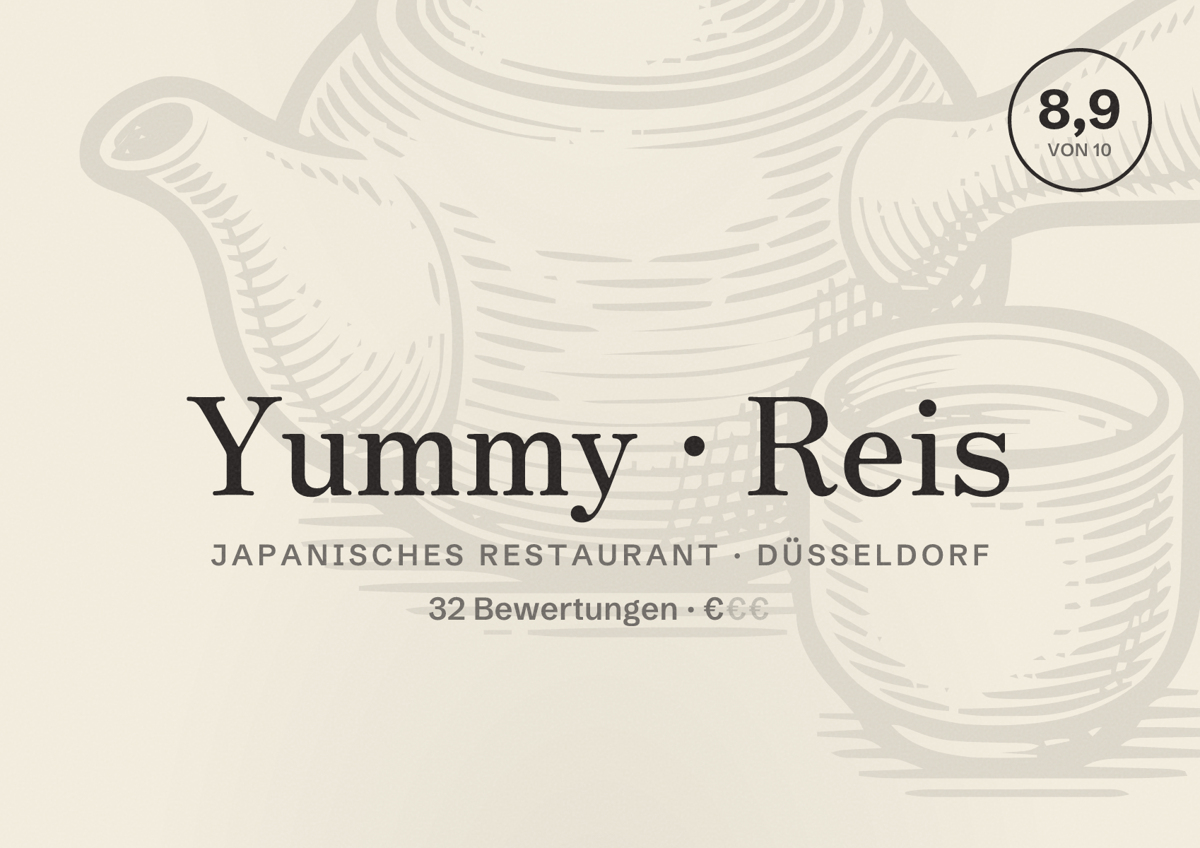 Illustriertes Poster von Yummy Reis, Japanisches Restaurant in Düsseldorf: Bewertung 8,9 von 10 aus 32 Bewertungen, Preisniveau €