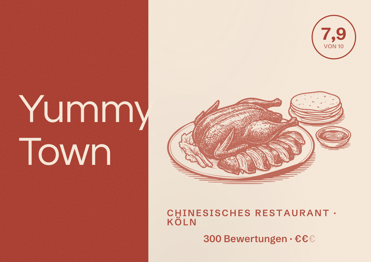 Illustriertes Poster von Yummy Town, Chinesisches Restaurant in Köln: Bewertung 7,9 von 10 aus 300 Bewertungen, Preisniveau €€