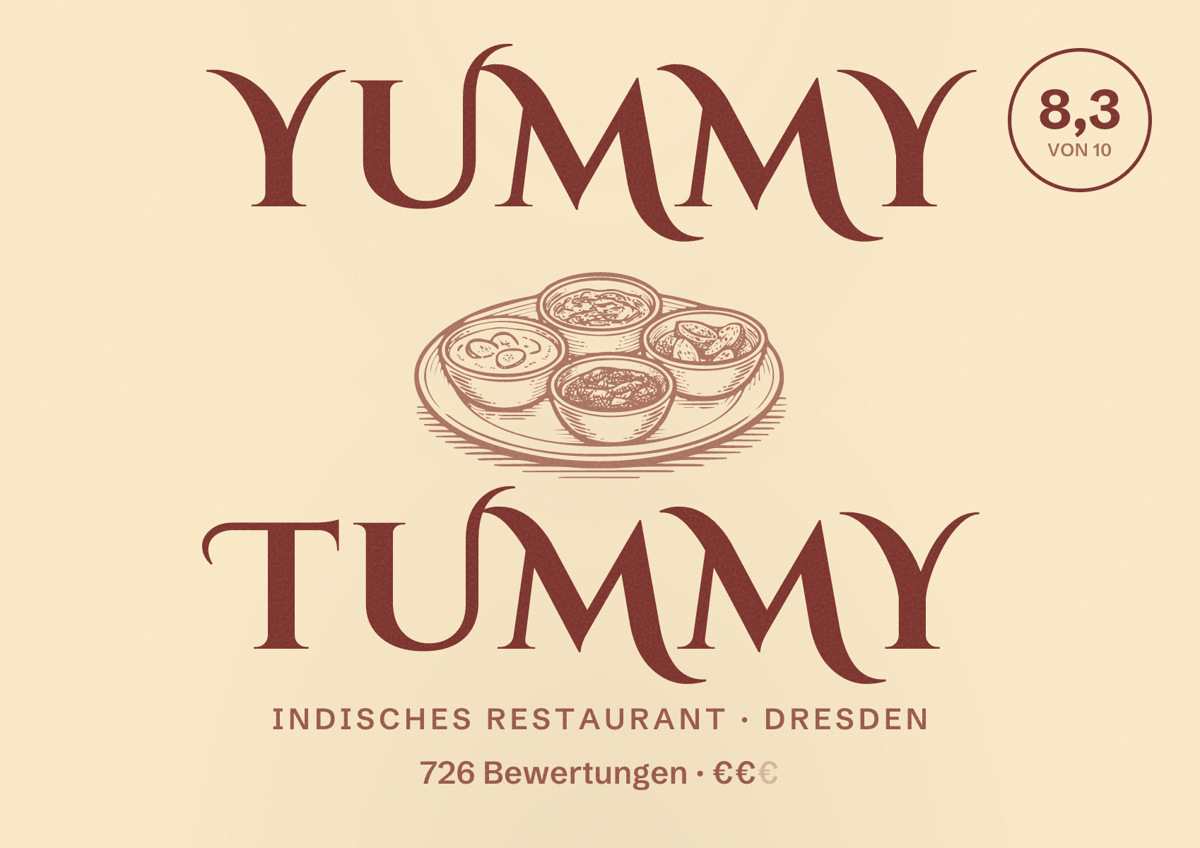 Illustriertes Poster von Yummy Tummy, Indisches Restaurant in Dresden: Bewertung 8,3 von 10 aus 726 Bewertungen, Preisniveau €€