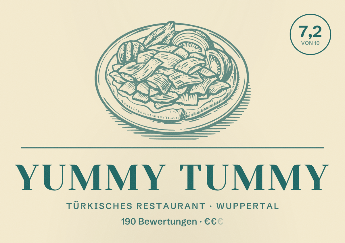Illustriertes Poster von Yummy Tummy, Türkisches Restaurant in Wuppertal: Bewertung 7,2 von 10 aus 190 Bewertungen, Preisniveau €€