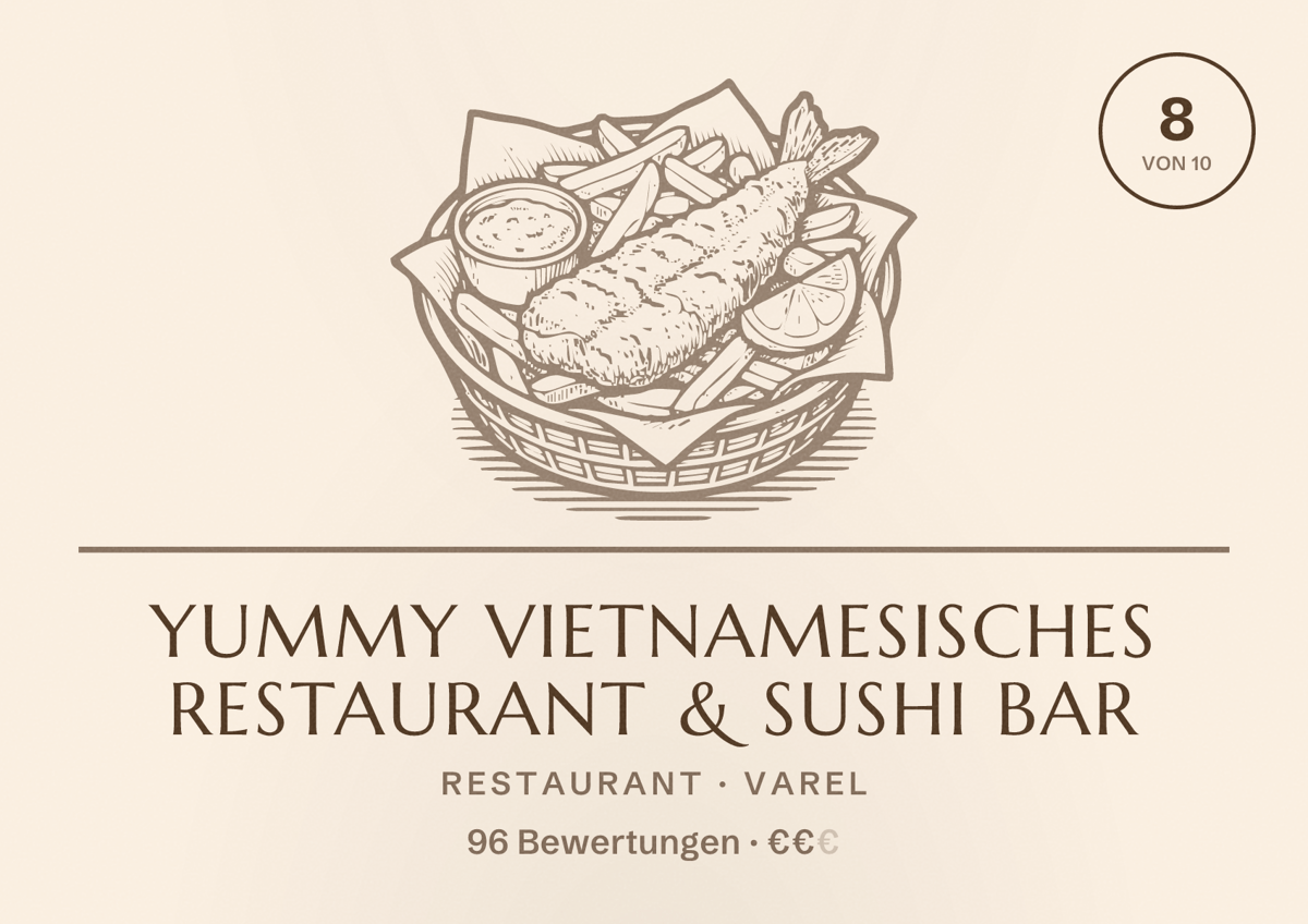 Illustriertes Poster von Yummy Vietnamesisches Restaurant & Sushi Bar, Restaurant in Varel: Bewertung 8 von 10 aus 96 Bewertungen, Preisniveau €€