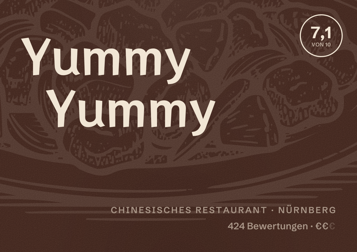 Illustriertes Poster von Yummy Yummy, Chinesisches Restaurant in Nürnberg: Bewertung 7,1 von 10 aus 424 Bewertungen, Preisniveau €€