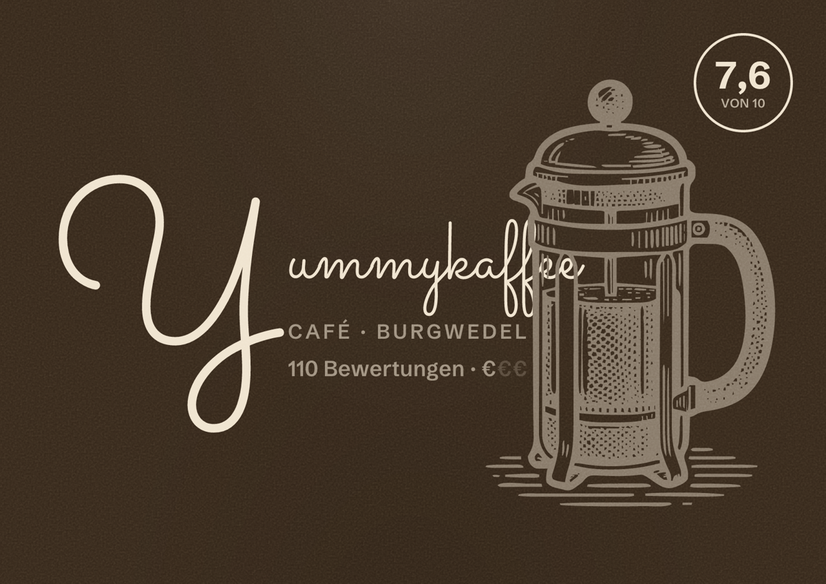Illustriertes Poster von Yummykaffee, Café in Burgwedel: Bewertung 7,6 von 10 aus 110 Bewertungen, Preisniveau €