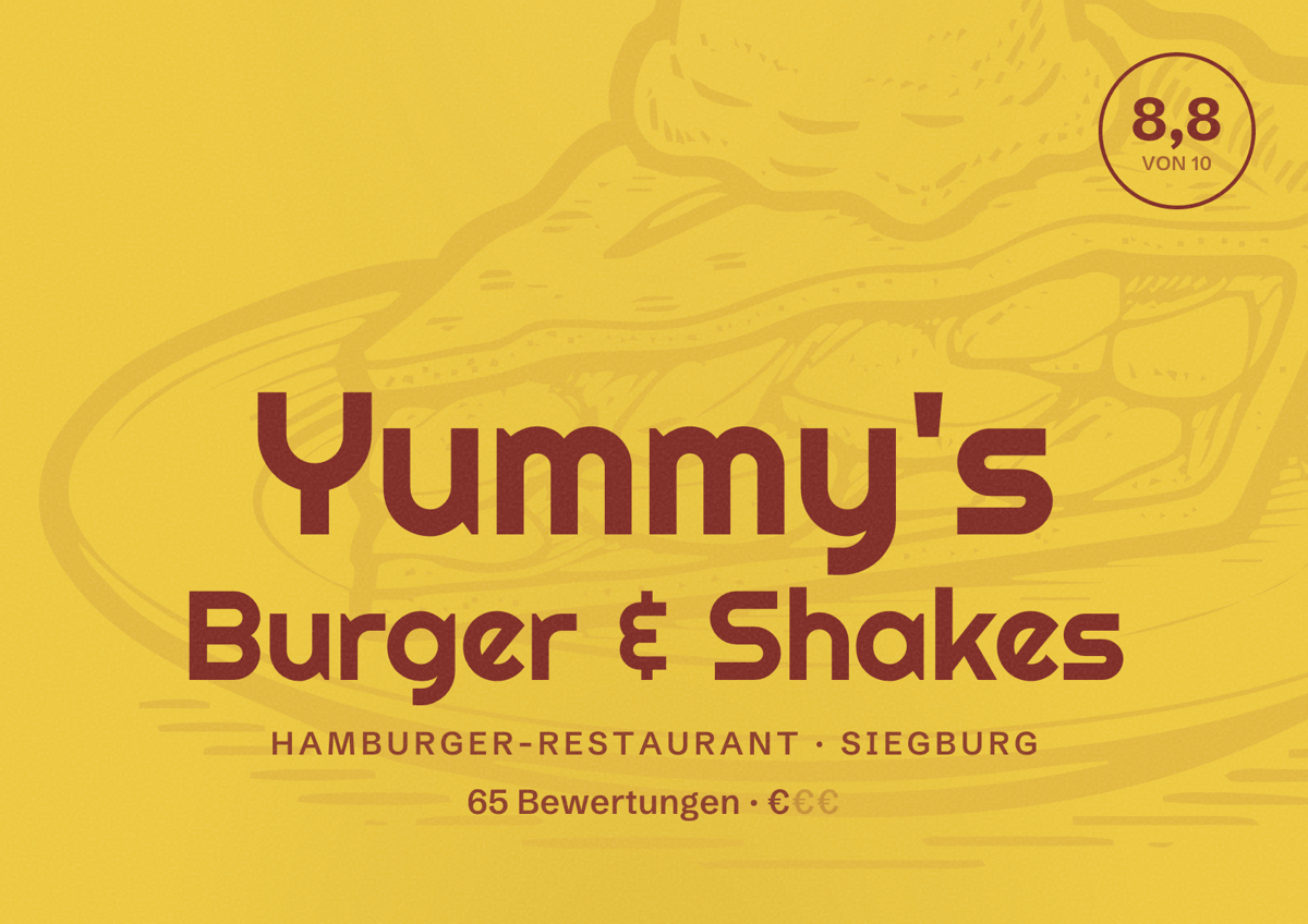 Illustriertes Poster von Yummy's Burger & Shakes, Hamburger-Restaurant in Siegburg: Bewertung 8,8 von 10 aus 65 Bewertungen, Preisniveau €