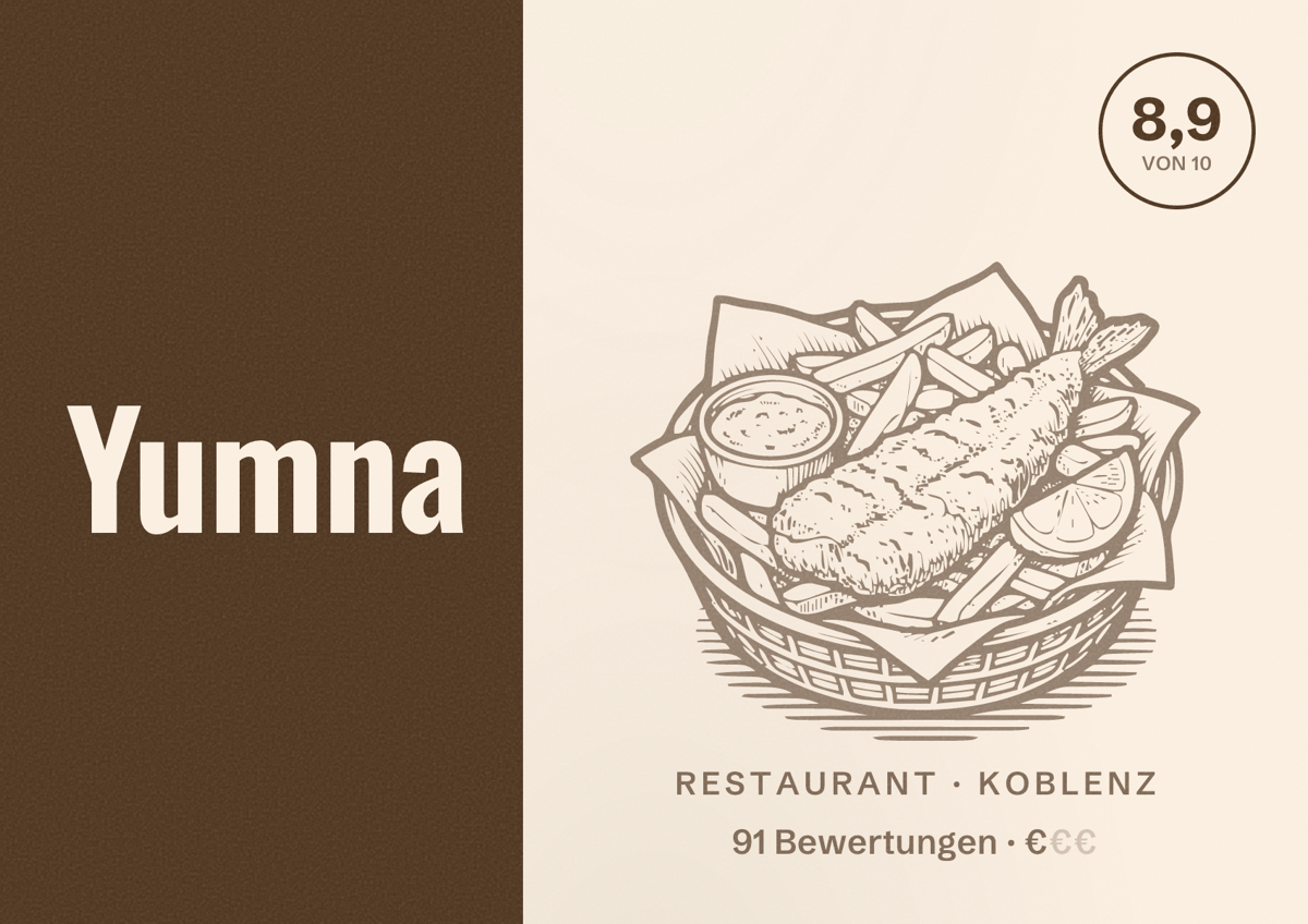 Illustriertes Poster von Yumna, Restaurant in Koblenz: Bewertung 8,9 von 10 aus 91 Bewertungen, Preisniveau €