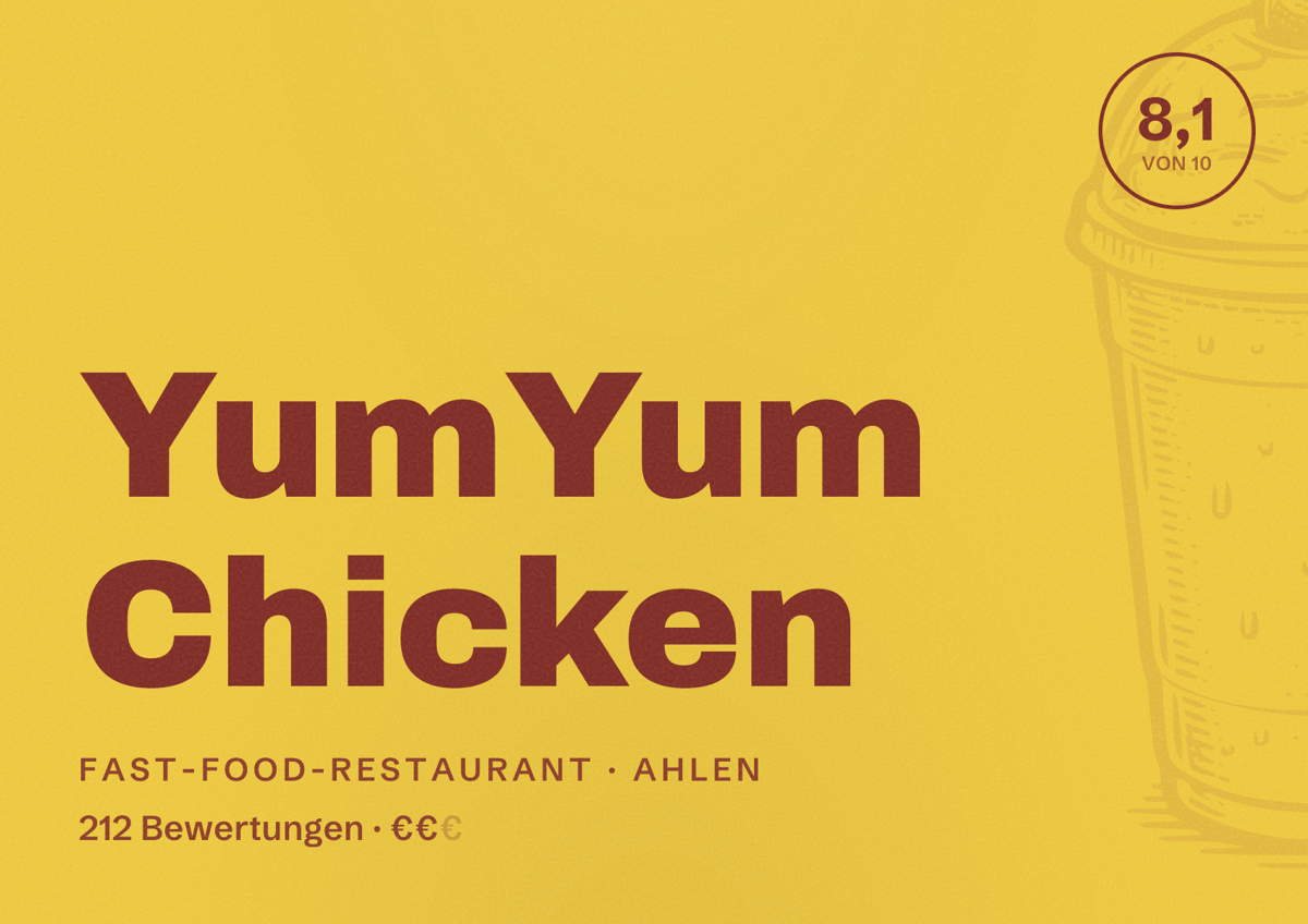 Illustriertes Poster von YumYum Chicken, Fast-Food-Restaurant in Ahlen: Bewertung 8,1 von 10 aus 212 Bewertungen, Preisniveau €€