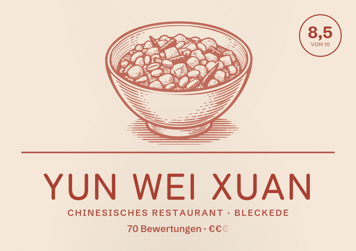 Illustriertes Poster von Yun Wei Xuan, Chinesisches Restaurant in Bleckede: Bewertung 8,5 von 10 aus 70 Bewertungen, Preisniveau €€